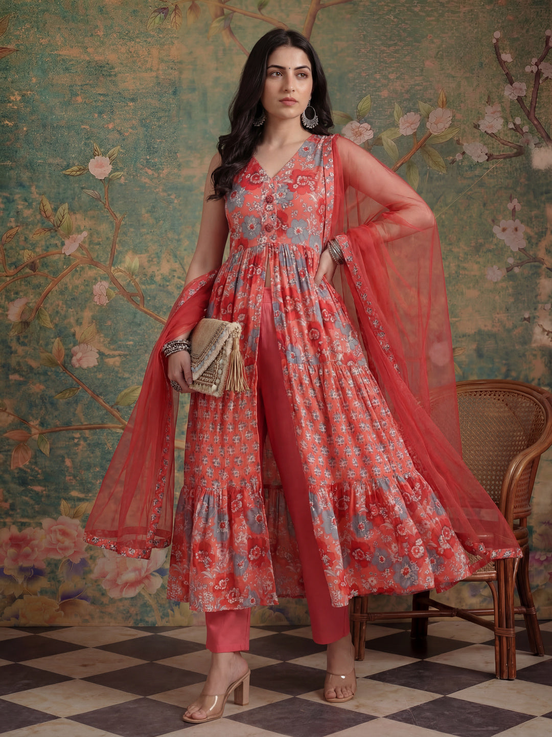 Pink Pure Cotton Fit And Flare Tiered Kurta Trouser & Dupatta Set