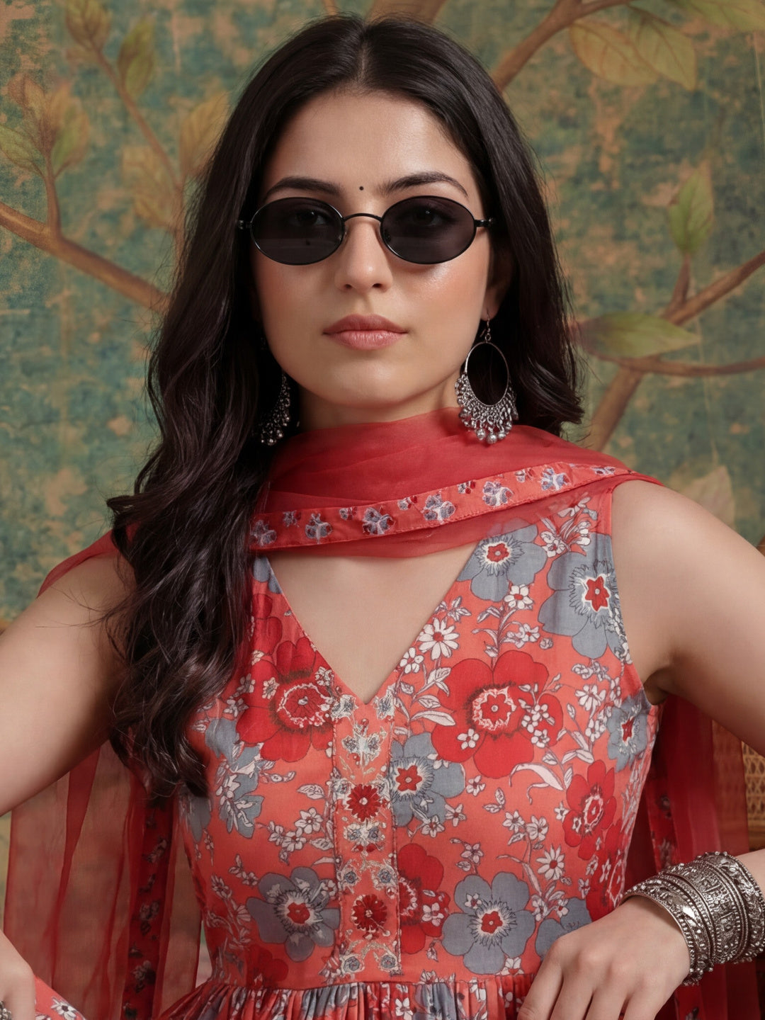 Pink Pure Cotton Fit And Flare Tiered Kurta Trouser & Dupatta Set