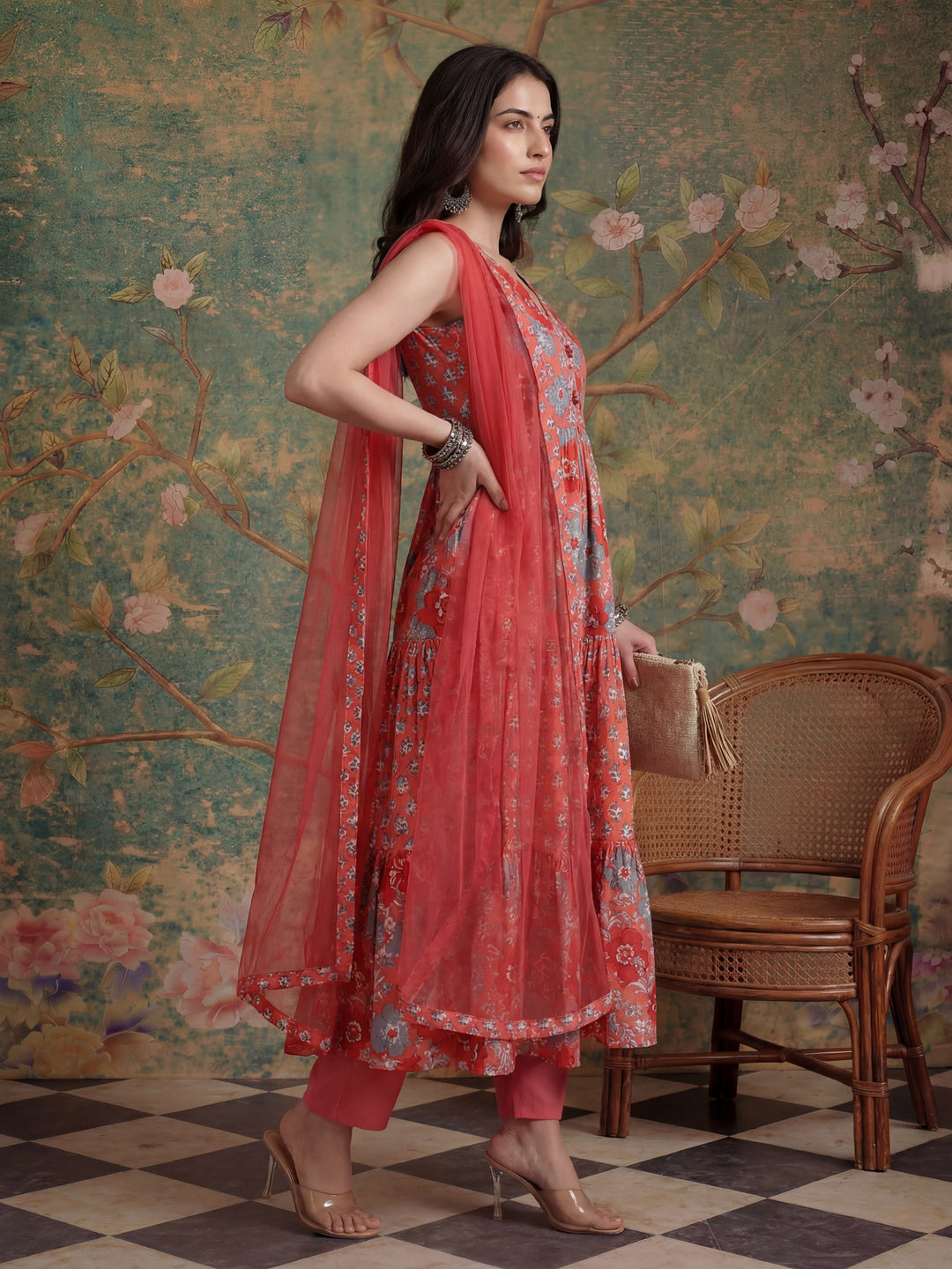 Pink Pure Cotton Fit And Flare Tiered Kurta Trouser & Dupatta Set