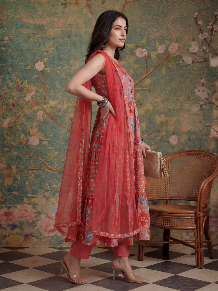 Pink Pure Cotton Fit And Flare Tiered Kurta Trouser & Dupatta Set