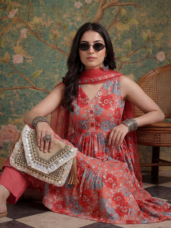 Pink Pure Cotton Fit And Flare Tiered Kurta Trouser & Dupatta Set