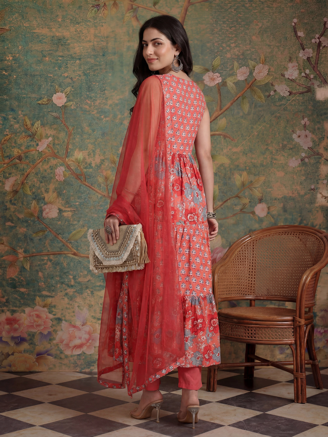 Pink Pure Cotton Fit And Flare Tiered Kurta Trouser & Dupatta Set