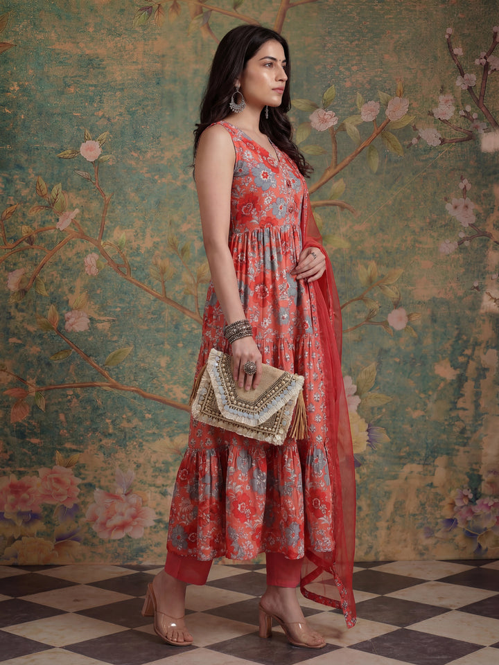 Pink Pure Cotton Fit And Flare Tiered Kurta Trouser & Dupatta Set