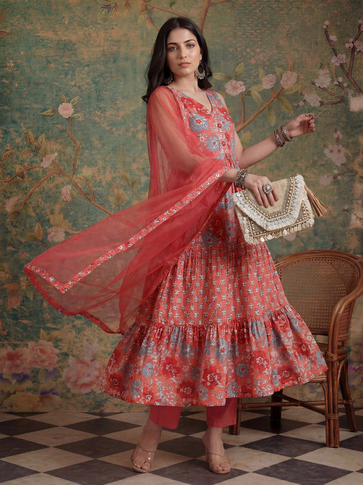 Pink Pure Cotton Fit And Flare Tiered Kurta Trouser & Dupatta Set