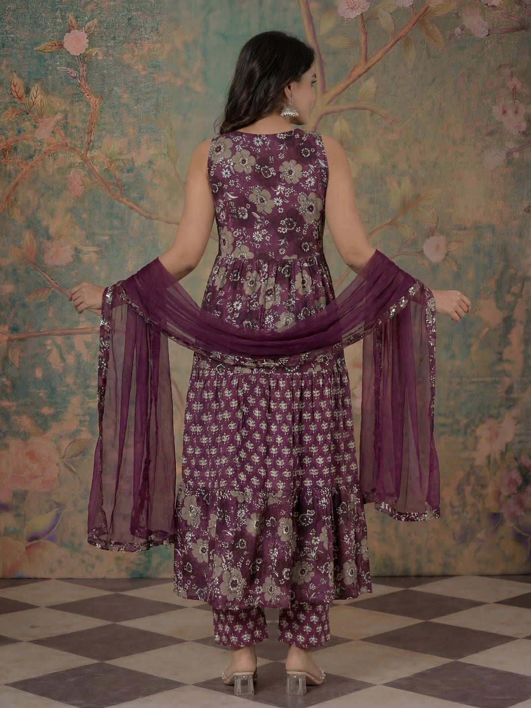 Purple Pure Cotton Fit And Flare Tiered Kurta Trouser Dupatta Set