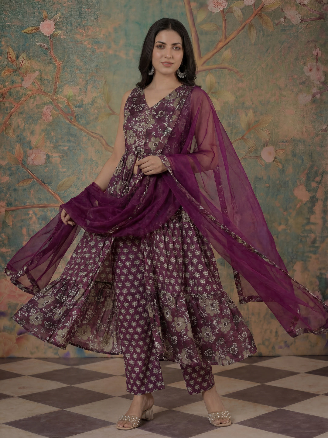 Purple Pure Cotton Fit And Flare Tiered Kurta Trouser Dupatta Set