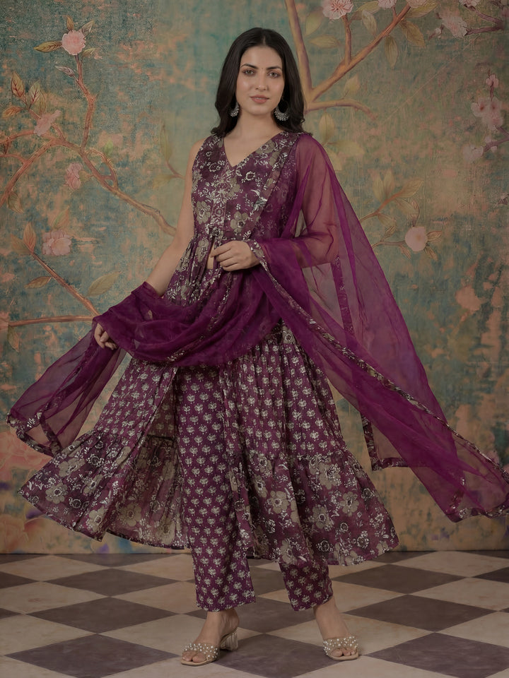 Purple Pure Cotton Fit And Flare Tiered Kurta Trouser Dupatta Set