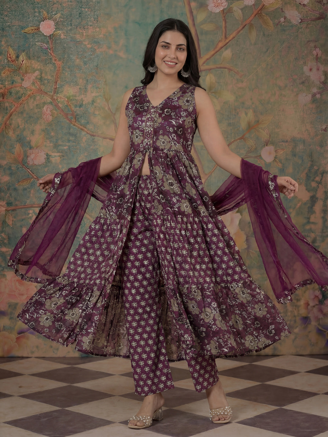 Purple Pure Cotton Fit And Flare Tiered Kurta Trouser Dupatta Set