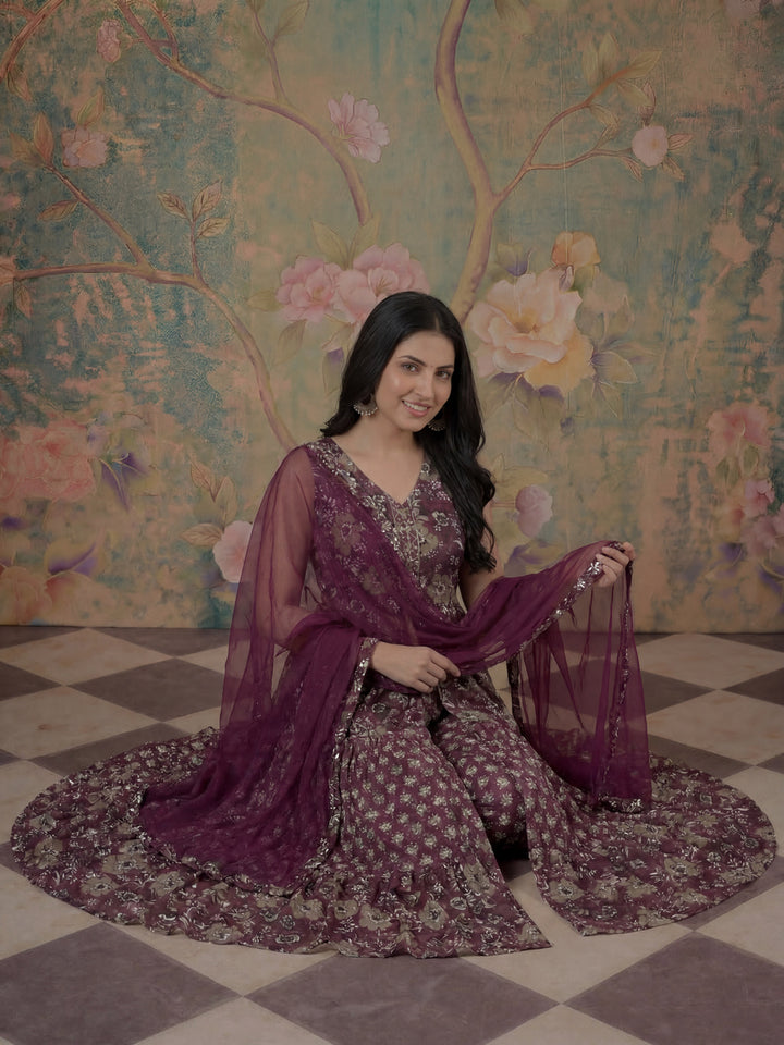 Purple Pure Cotton Fit And Flare Tiered Kurta Trouser Dupatta Set