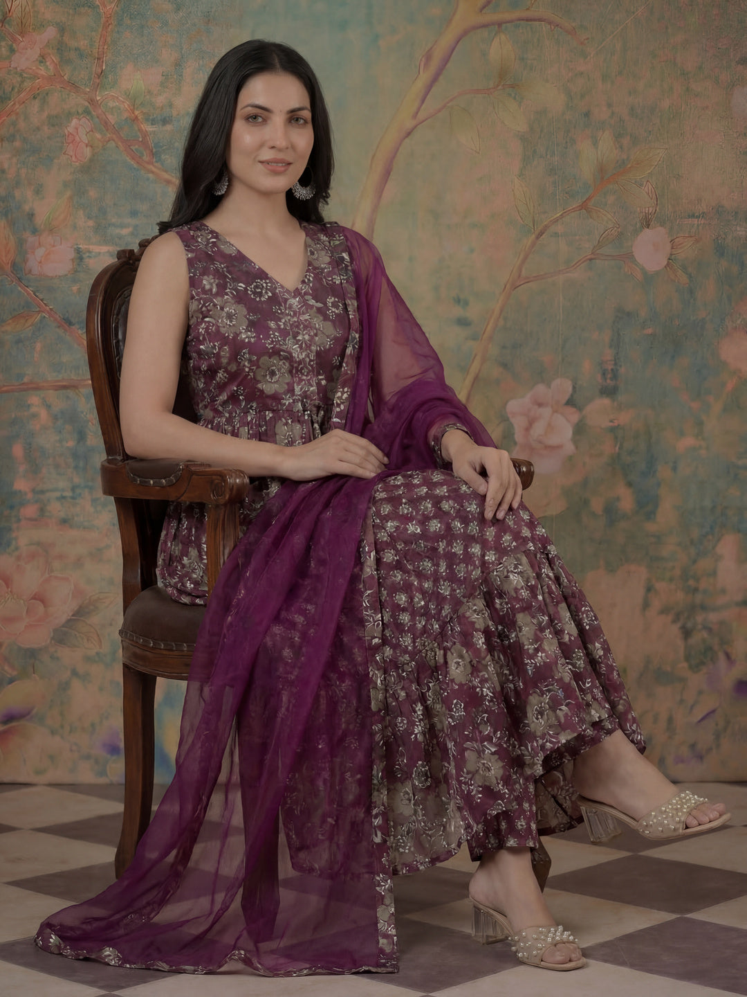 Purple Pure Cotton Fit And Flare Tiered Kurta Trouser Dupatta Set