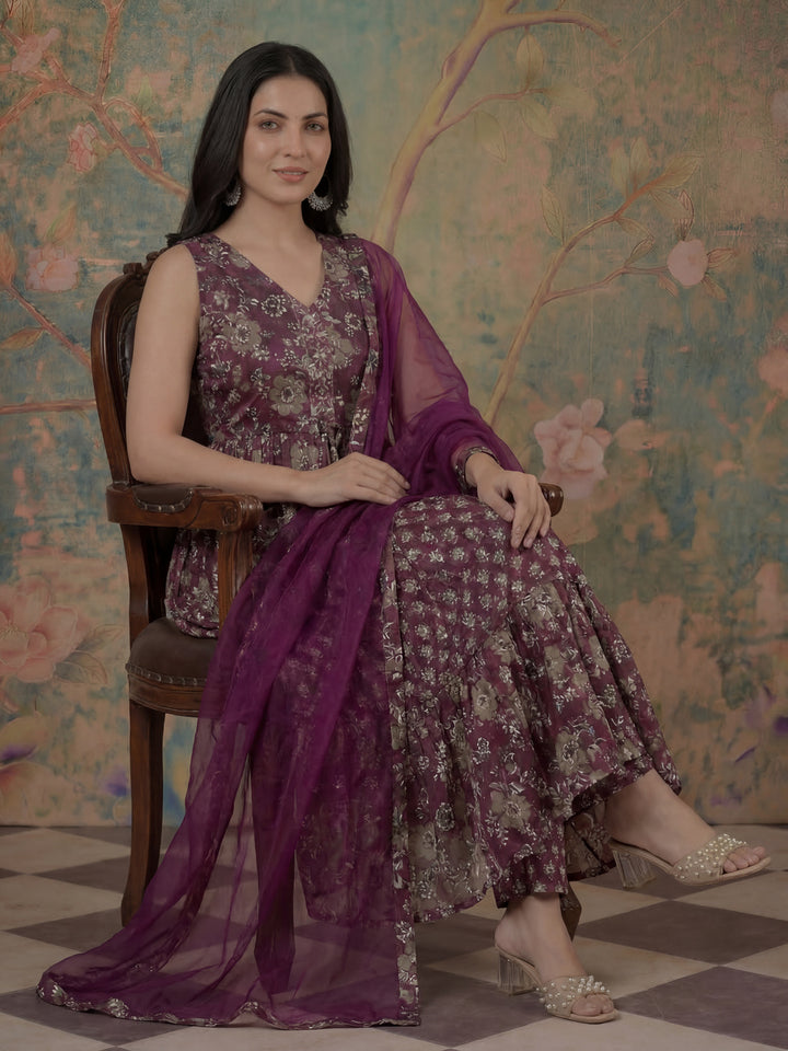 Purple Pure Cotton Fit And Flare Tiered Kurta Trouser Dupatta Set