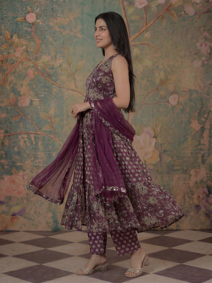 Purple Pure Cotton Fit And Flare Tiered Kurta Trouser Dupatta Set