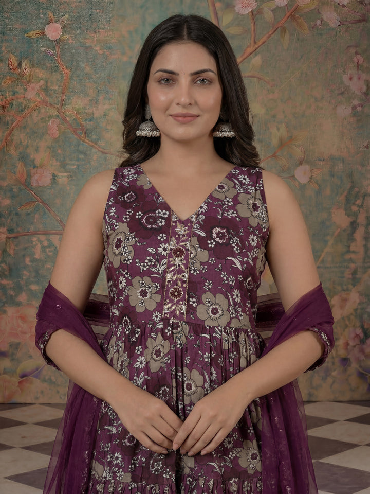 Purple Pure Cotton Fit And Flare Tiered Kurta Trouser Dupatta Set