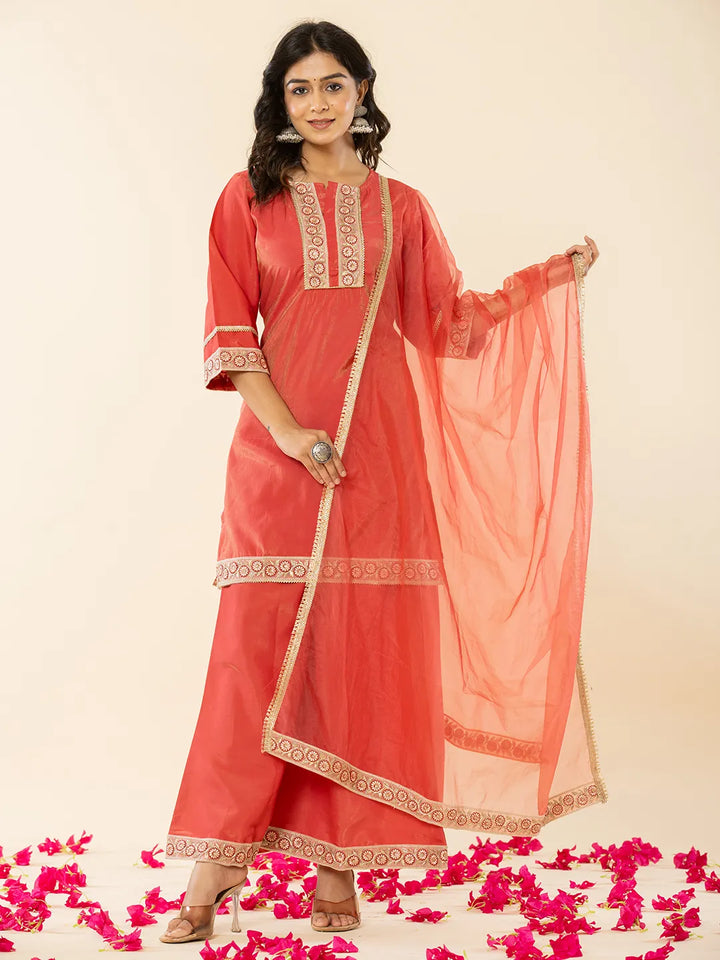 Silk Kurta Dupatta Set With Flared Bottom And Embroidery