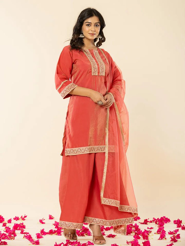 Silk Kurta Dupatta Set With Flared Bottom And Embroidery