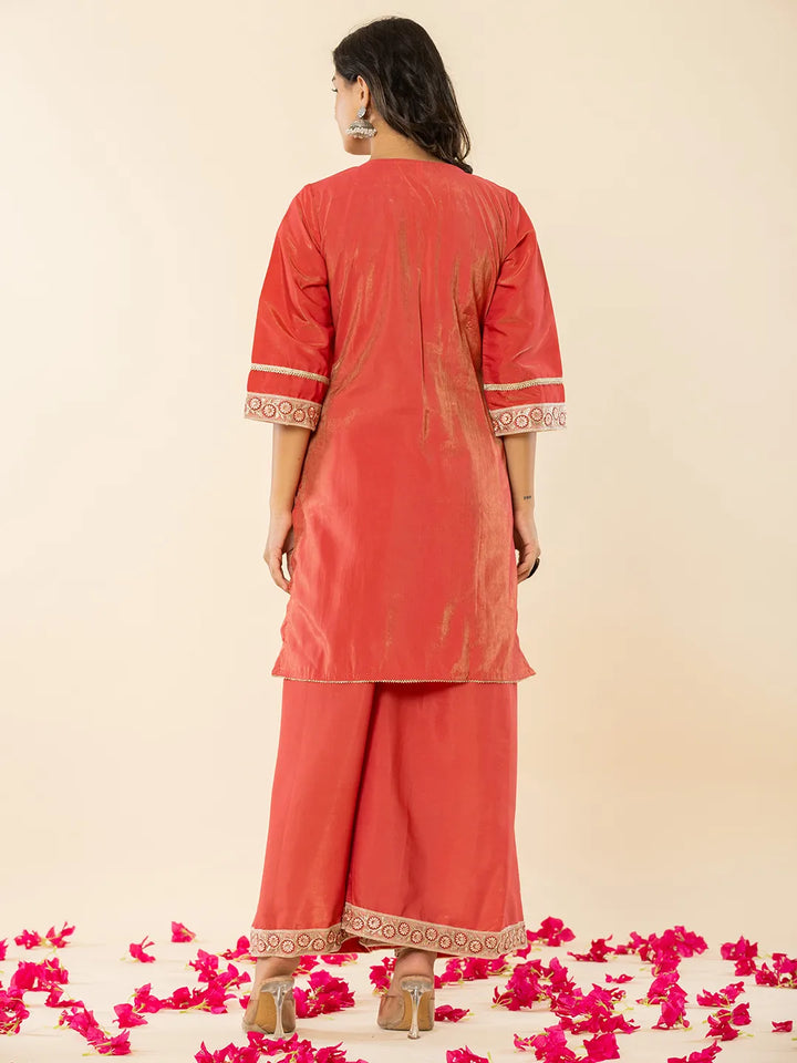 Silk Kurta Dupatta Set With Flared Bottom And Embroidery