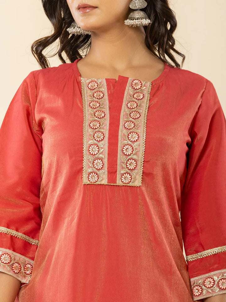 Silk Kurta Dupatta Set With Flared Bottom And Embroidery