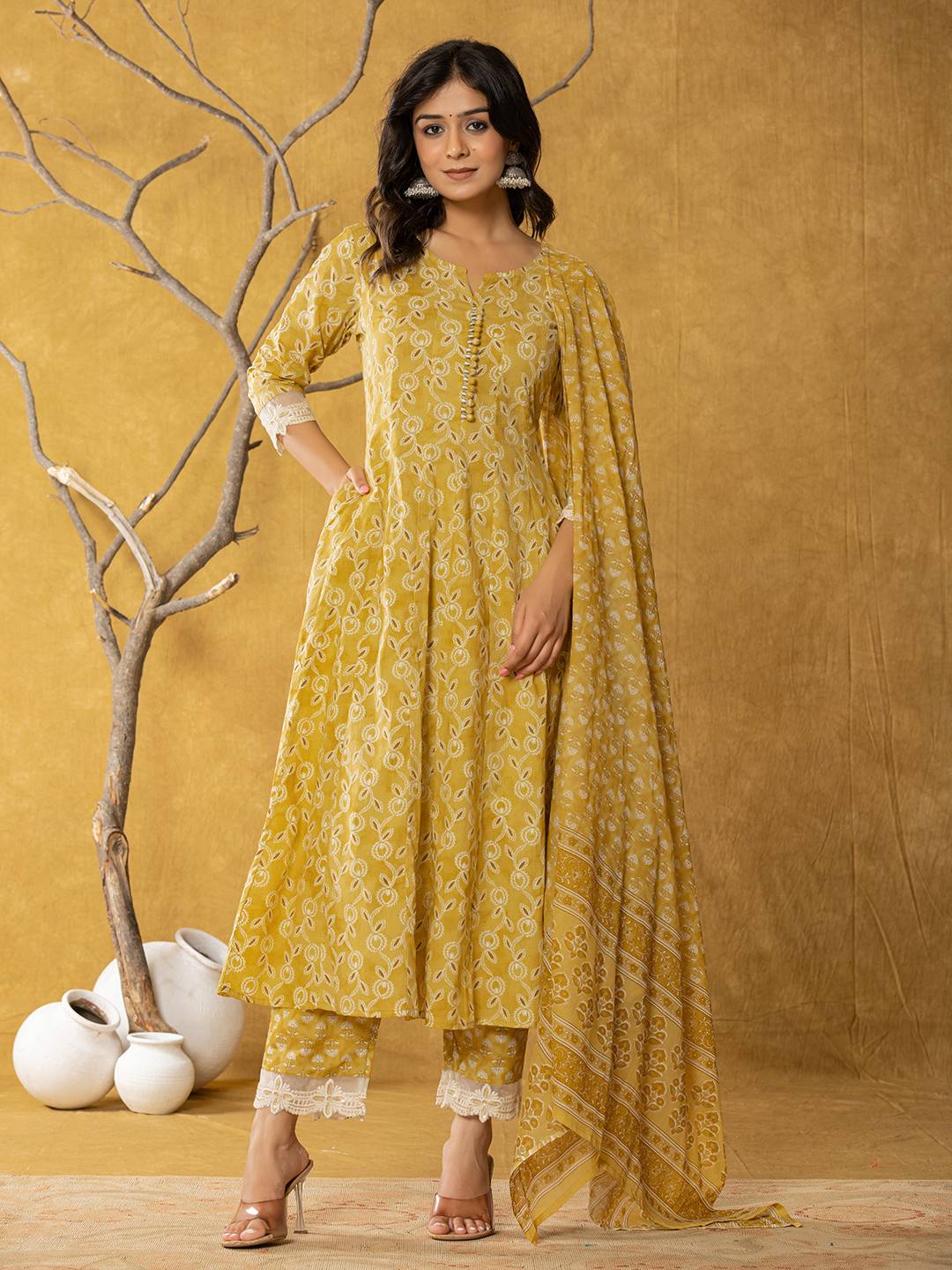 Mustard Lace-Work Cotton Anarkali Kurta & Trouser Dupatta Set-Yufta Store-7042SKDMSS