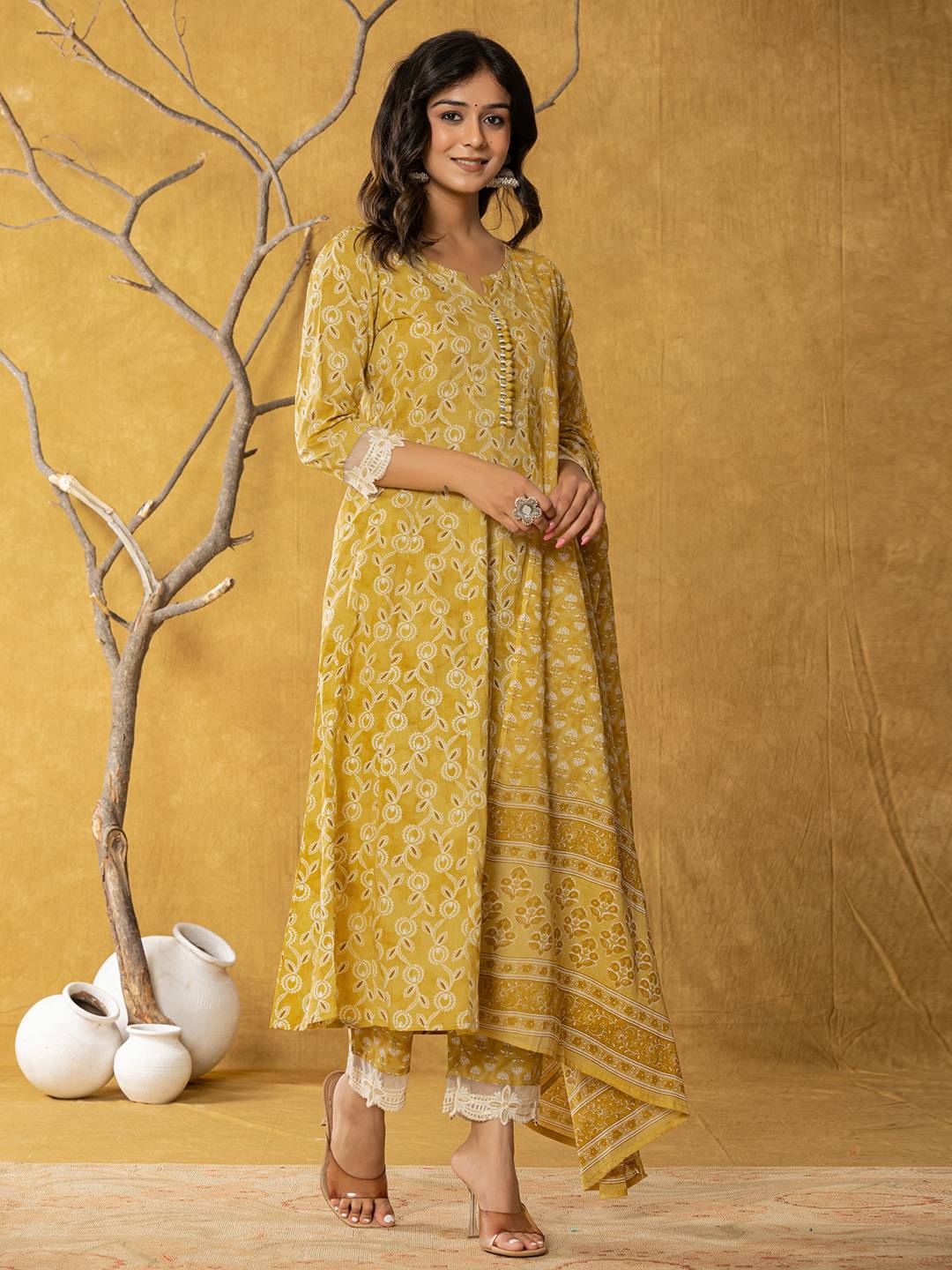 Mustard Lace-Work Cotton Anarkali Kurta & Trouser Dupatta Set-Yufta Store-7042SKDMSS