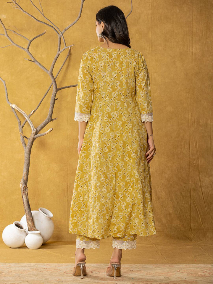 Mustard Lace-Work Cotton Anarkali Kurta & Trouser Dupatta Set-Yufta Store-7042SKDMSS