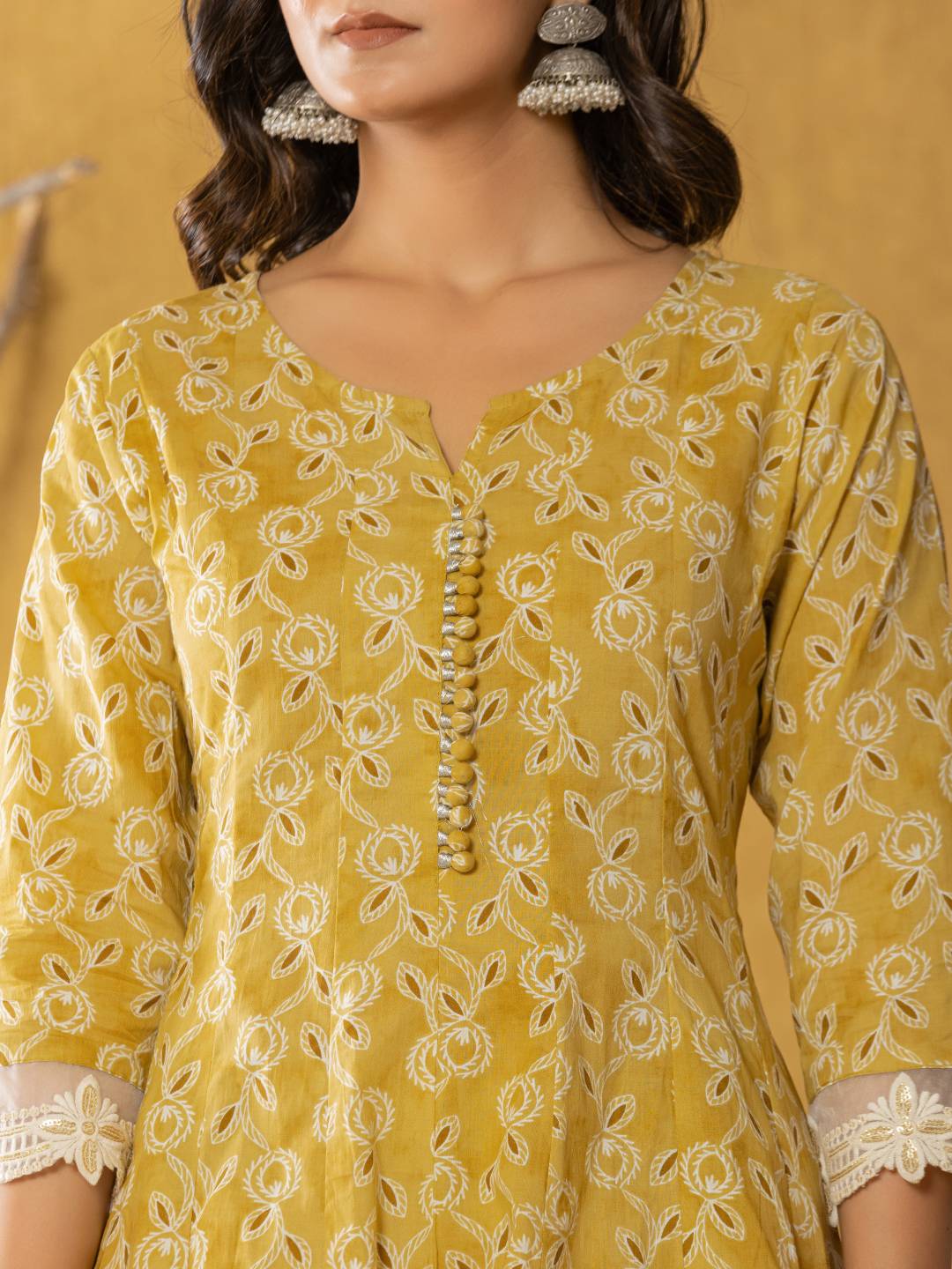 Mustard Lace-Work Cotton Anarkali Kurta & Trouser Dupatta Set-Yufta Store-7042SKDMSS