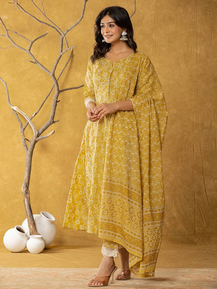 Mustard Lace-Work Cotton Anarkali Kurta & Trouser Dupatta Set-Yufta Store-7042SKDMSS