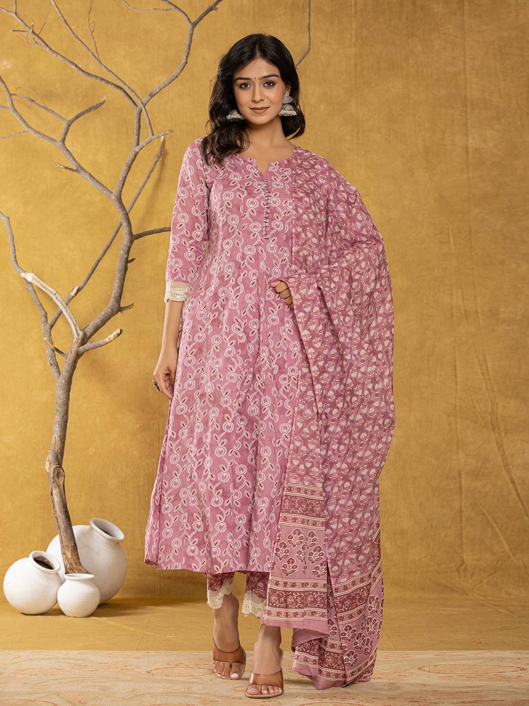 Pink Lace-Work Cotton Anarkali Kurta & Trouser Dupatta Set-Yufta Store-7042SKDPKS