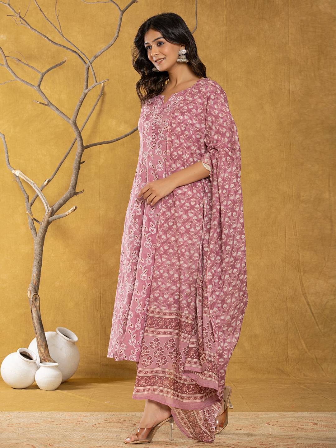 Pink Lace-Work Cotton Anarkali Kurta & Trouser Dupatta Set-Yufta Store-7042SKDPKS