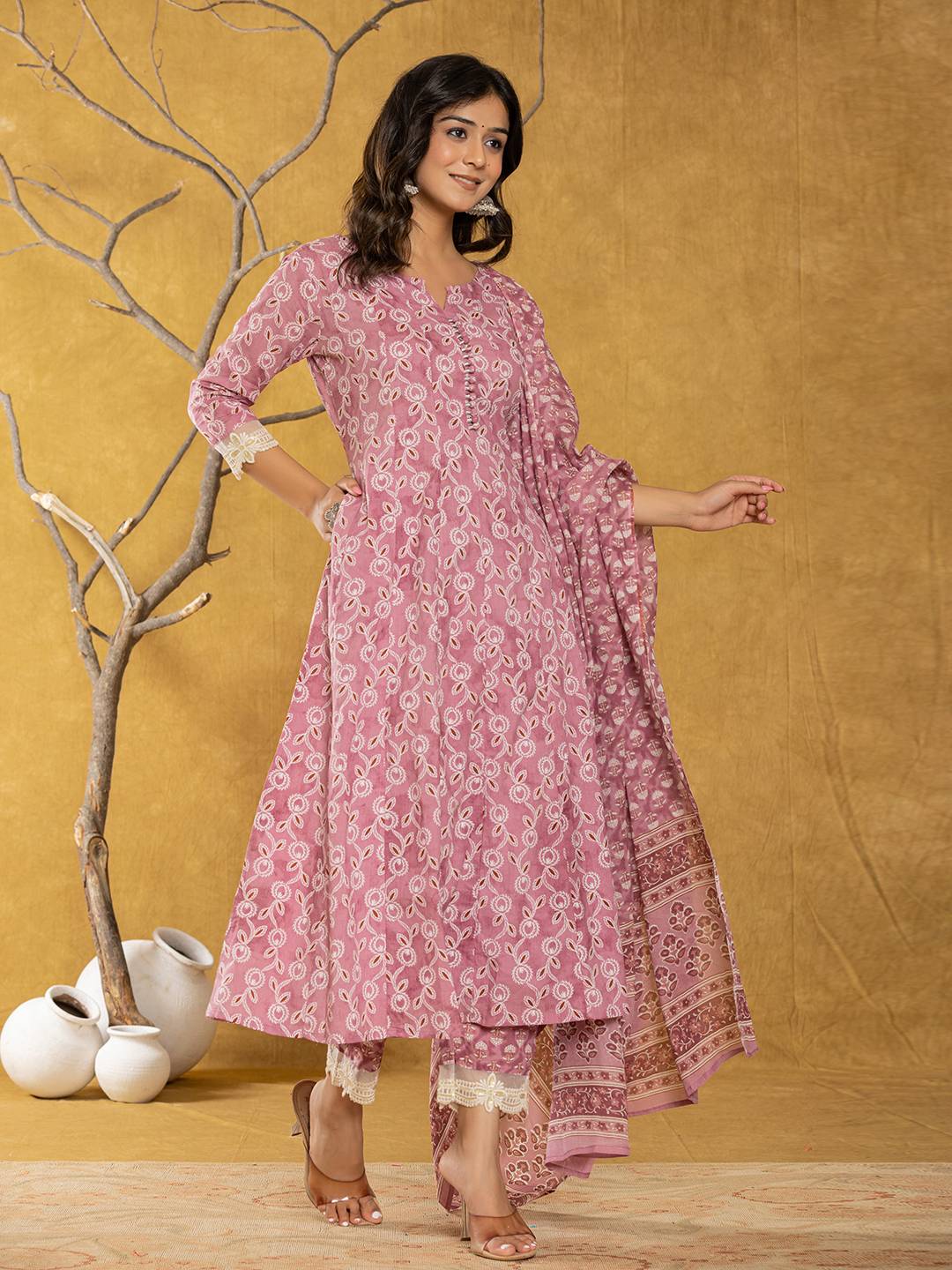 Pink Lace-Work Cotton Anarkali Kurta & Trouser Dupatta Set-Yufta Store-7042SKDPKS