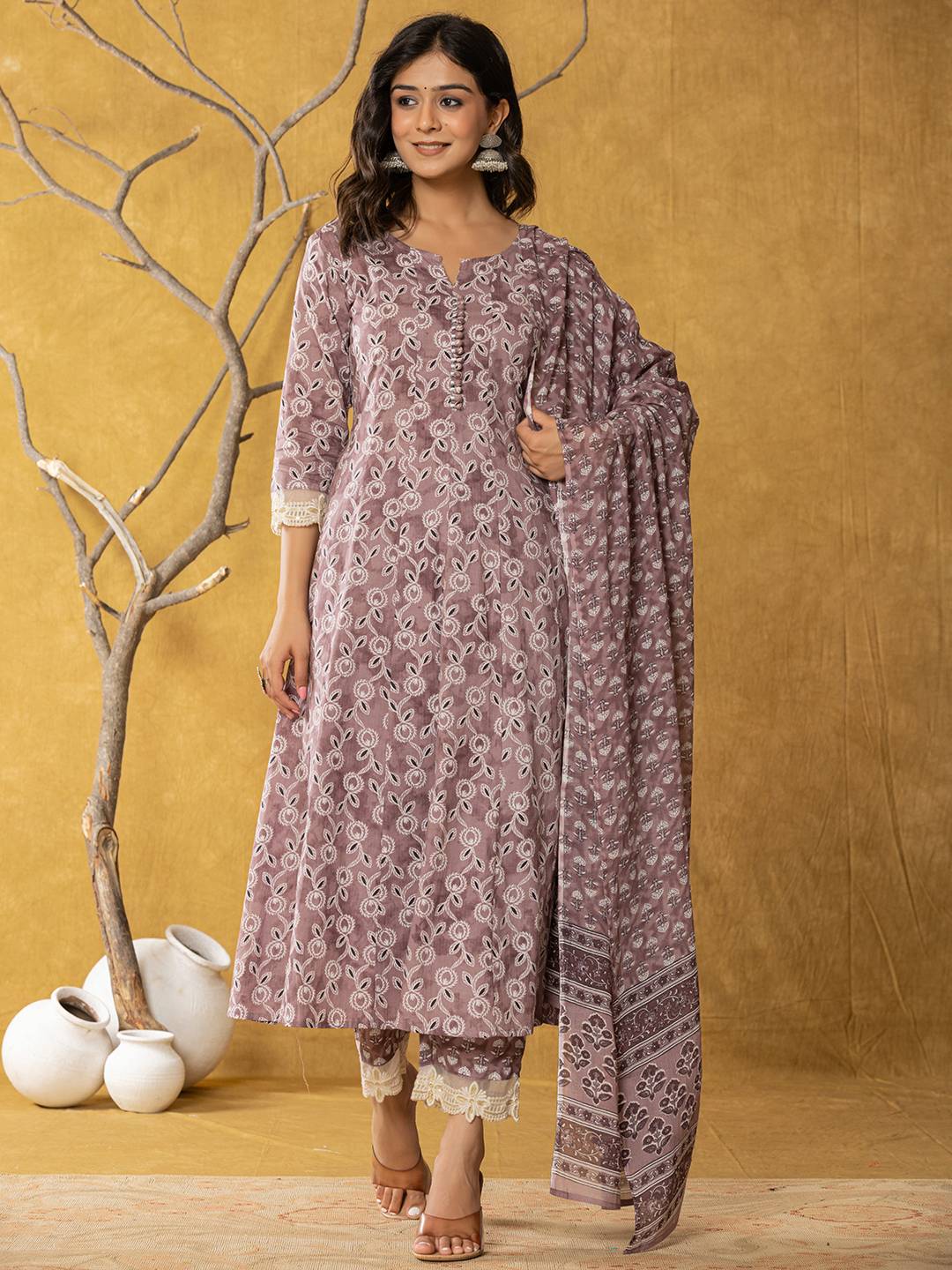 Purple Lace-Work Cotton Anarkali Kurta & Trouser Dupatta Set-Yufta Store-7042SKDPRS