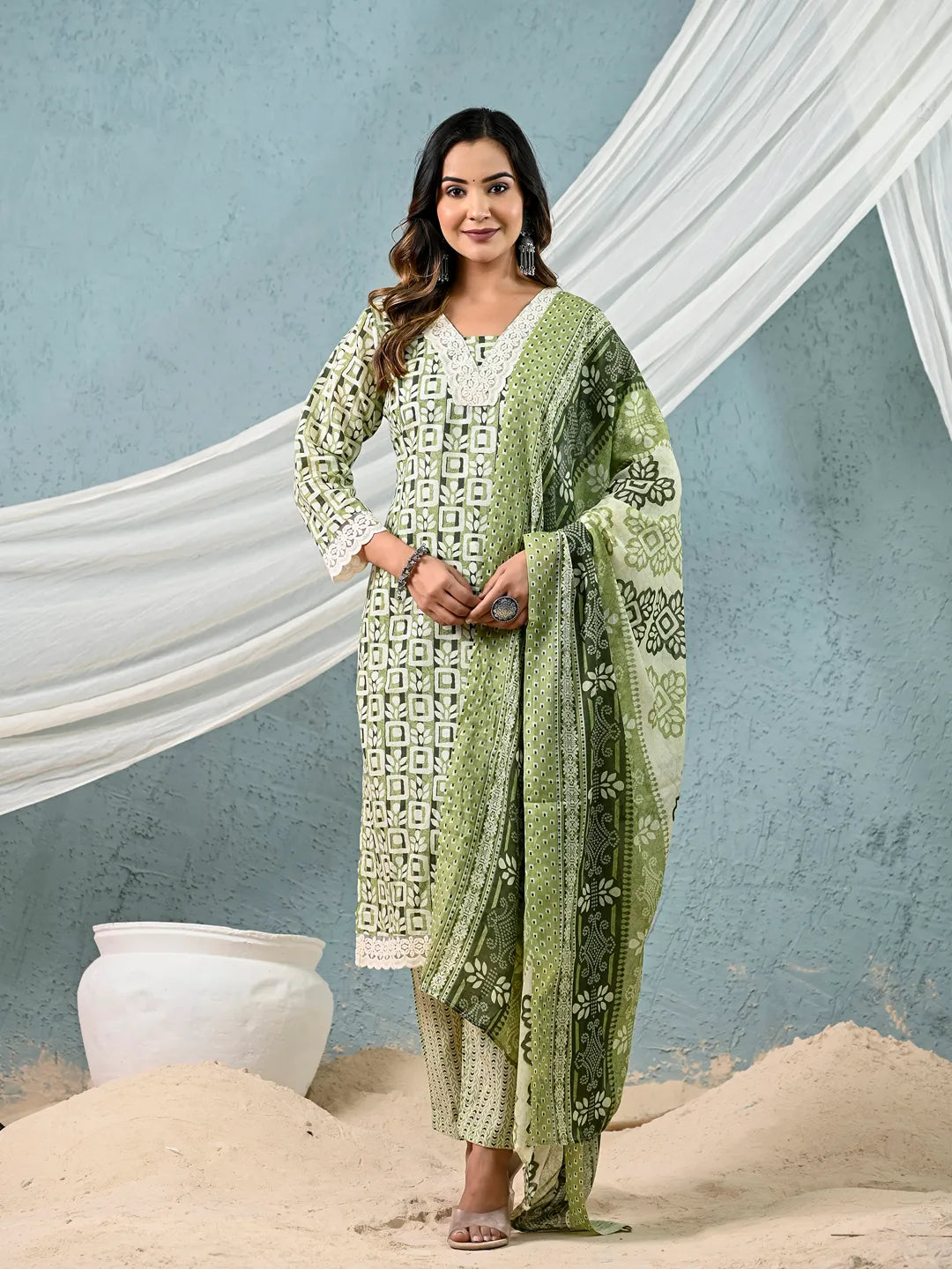 cotton green kurta dupatta setoffline_sku-7-Yufta Store-7044SKDGRM