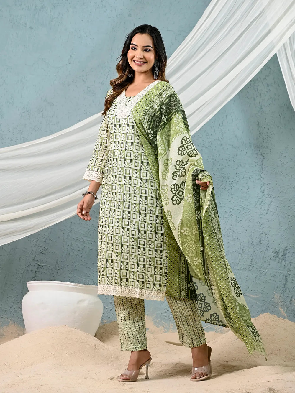 cotton green kurta dupatta setoffline_sku-7-Yufta Store-7044SKDGRM