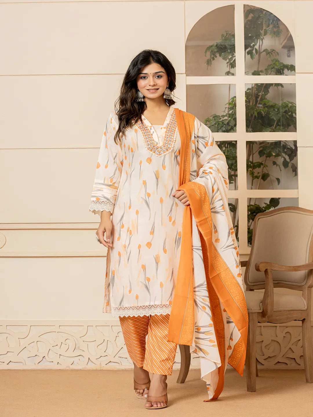 cotton peach kurta dupatta setoffline_sku-11-Yufta Store-7045SKDPCM