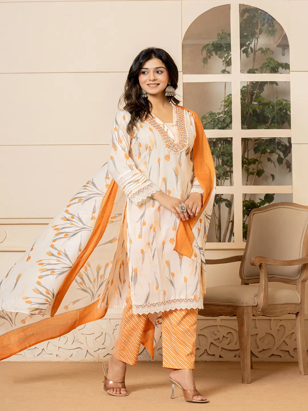 cotton peach kurta dupatta setoffline_sku-11-Yufta Store-7045SKDPCM