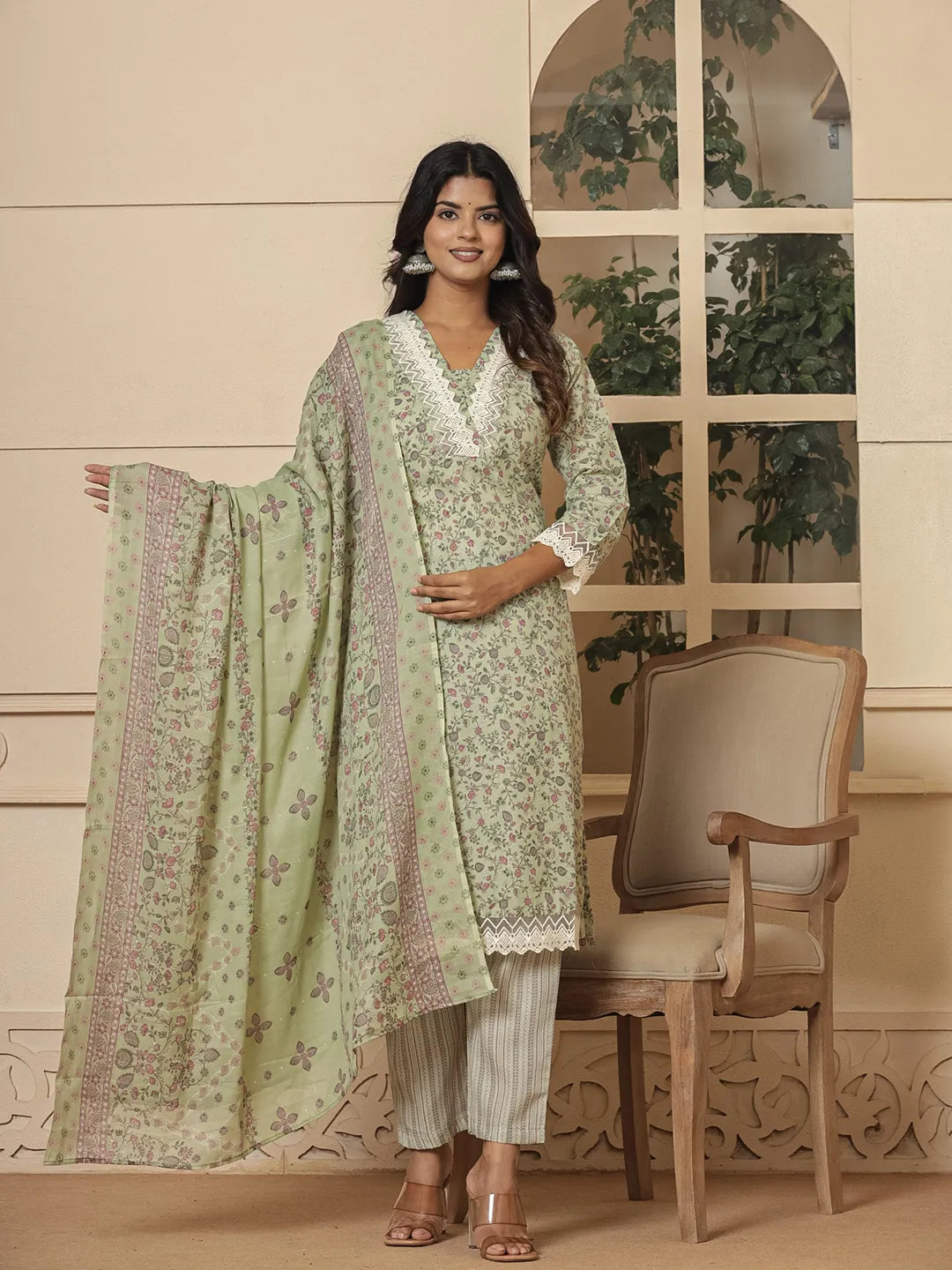 cotton green mirror_work kurta dupatta setoffline_sku-57-Yufta Store-7046SKDGRM