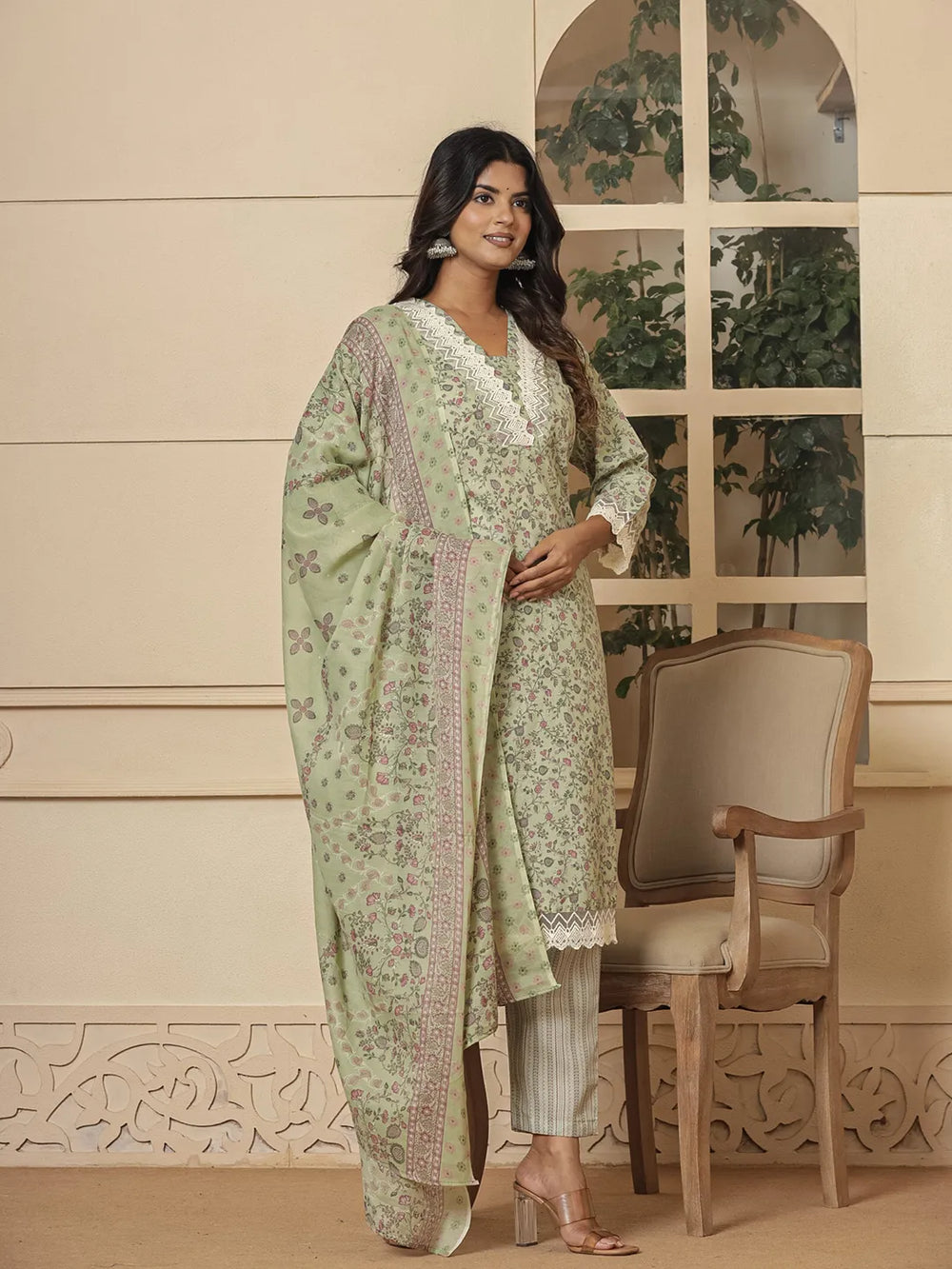 cotton green mirror_work kurta dupatta setoffline_sku-57-Yufta Store-7046SKDGRM