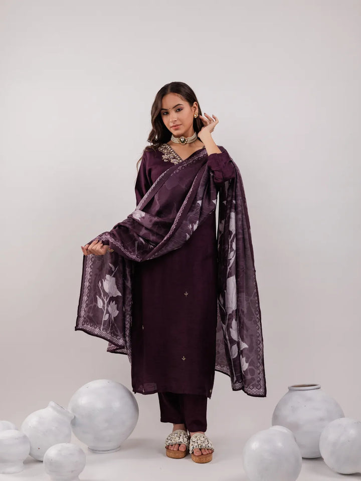 Purple Pure Uppada Silk Embroidered Kurta Dupatta Set-Yufta Store-7064SKDPRS