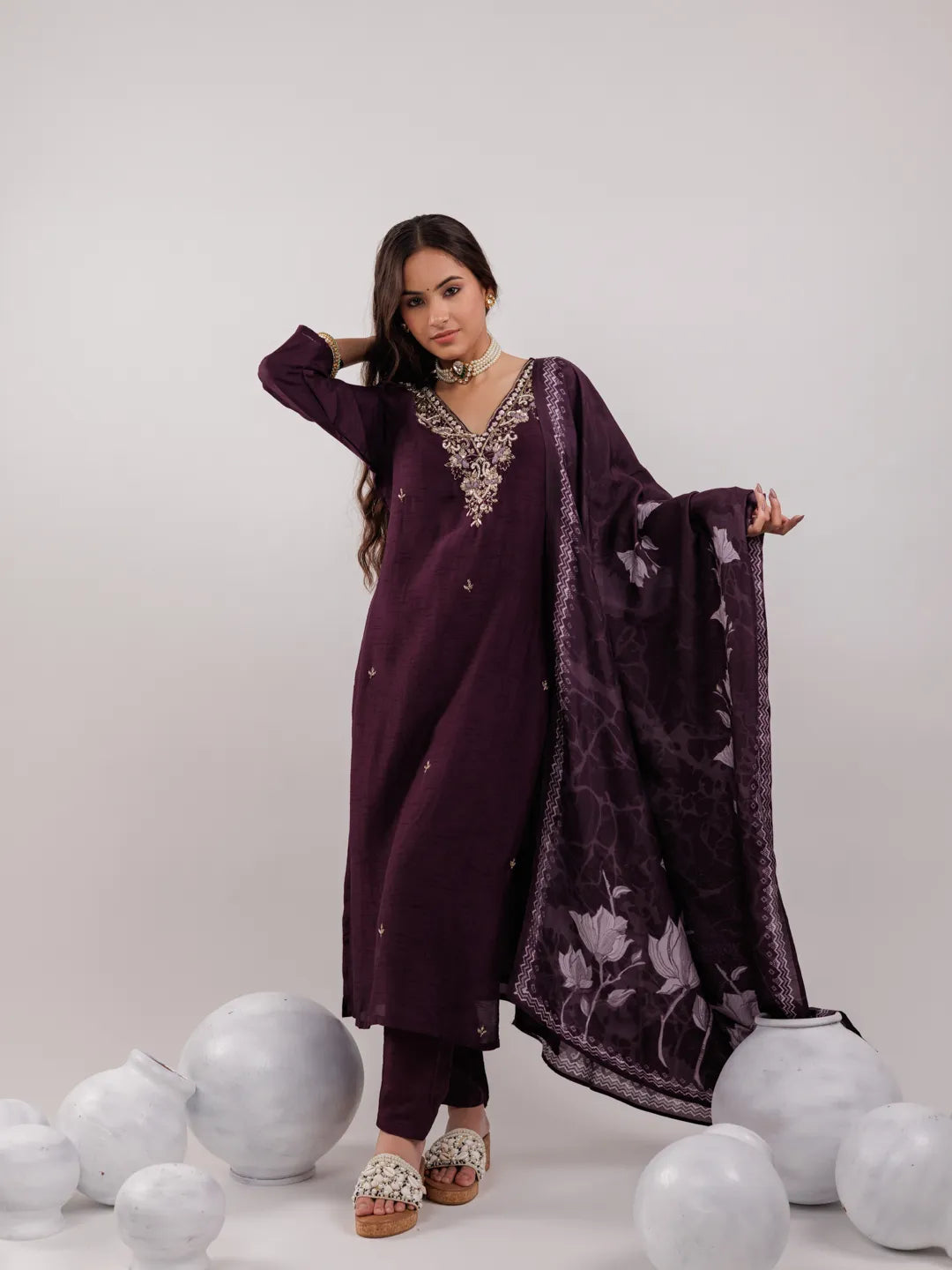 Purple Pure Uppada Silk Embroidered Kurta Dupatta Set-Yufta Store-7064SKDPRS