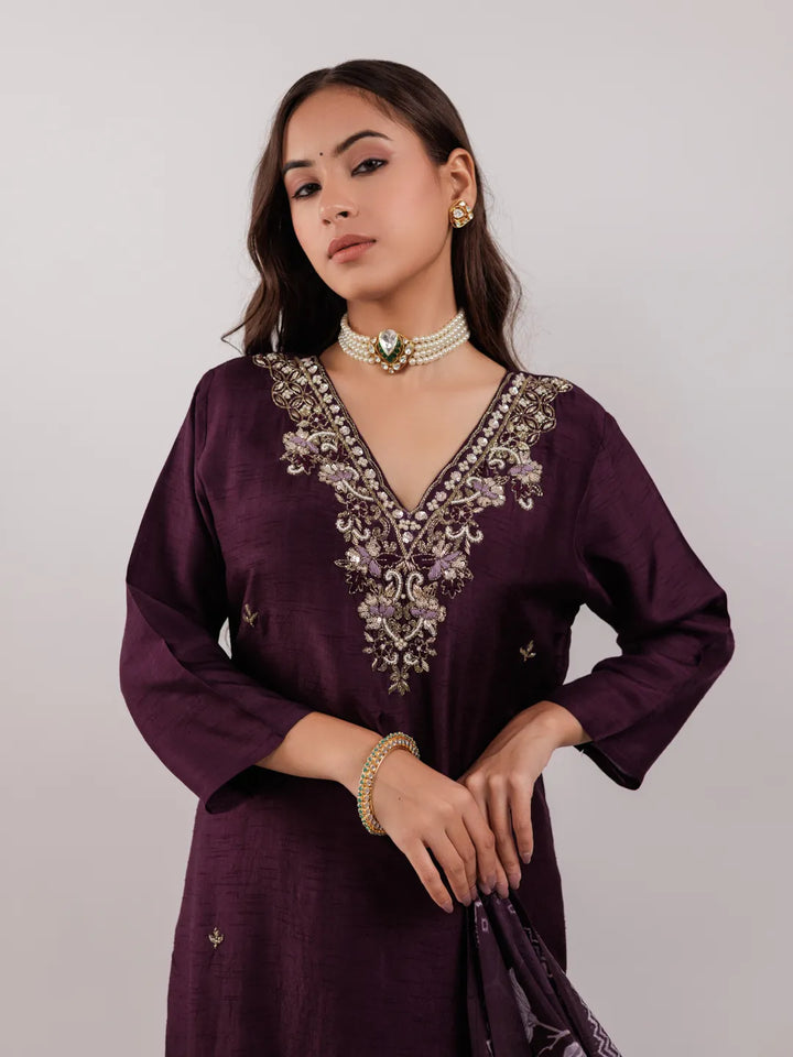 Purple Pure Uppada Silk Embroidered Kurta Dupatta Set-Yufta Store-7064SKDPRS