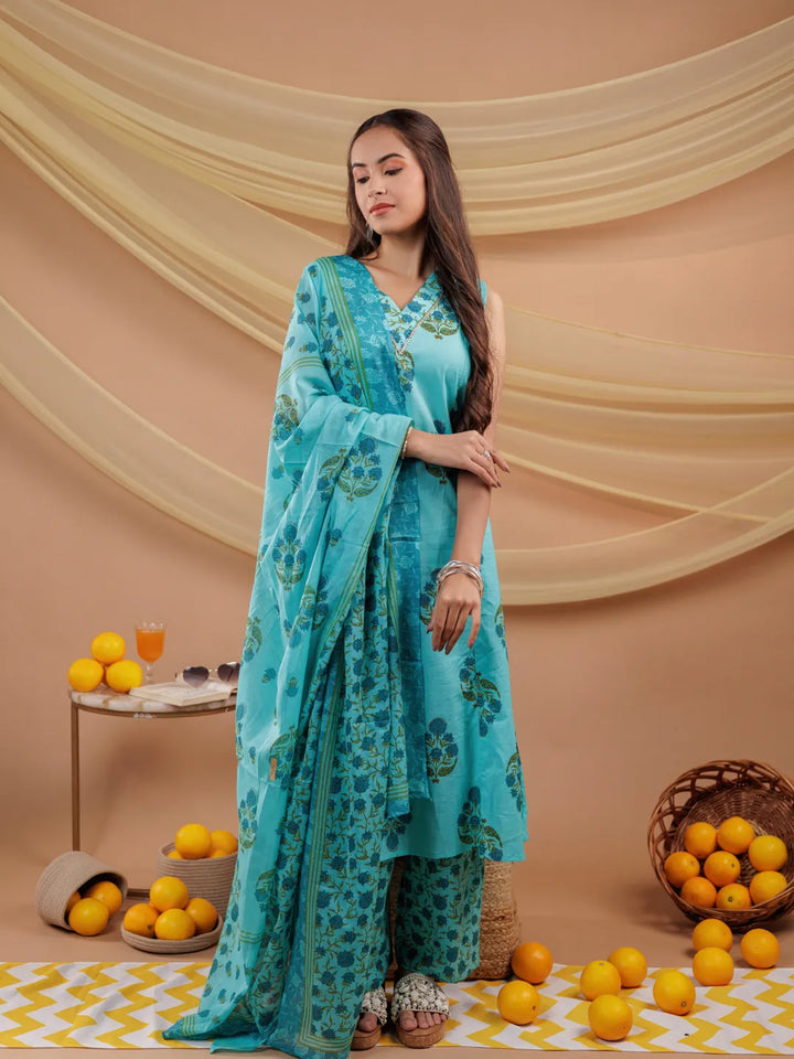 Blue Floral Print Pure Cotton A-Line Kurta Dupatta Set-Yufta Store-7065SKDBLS