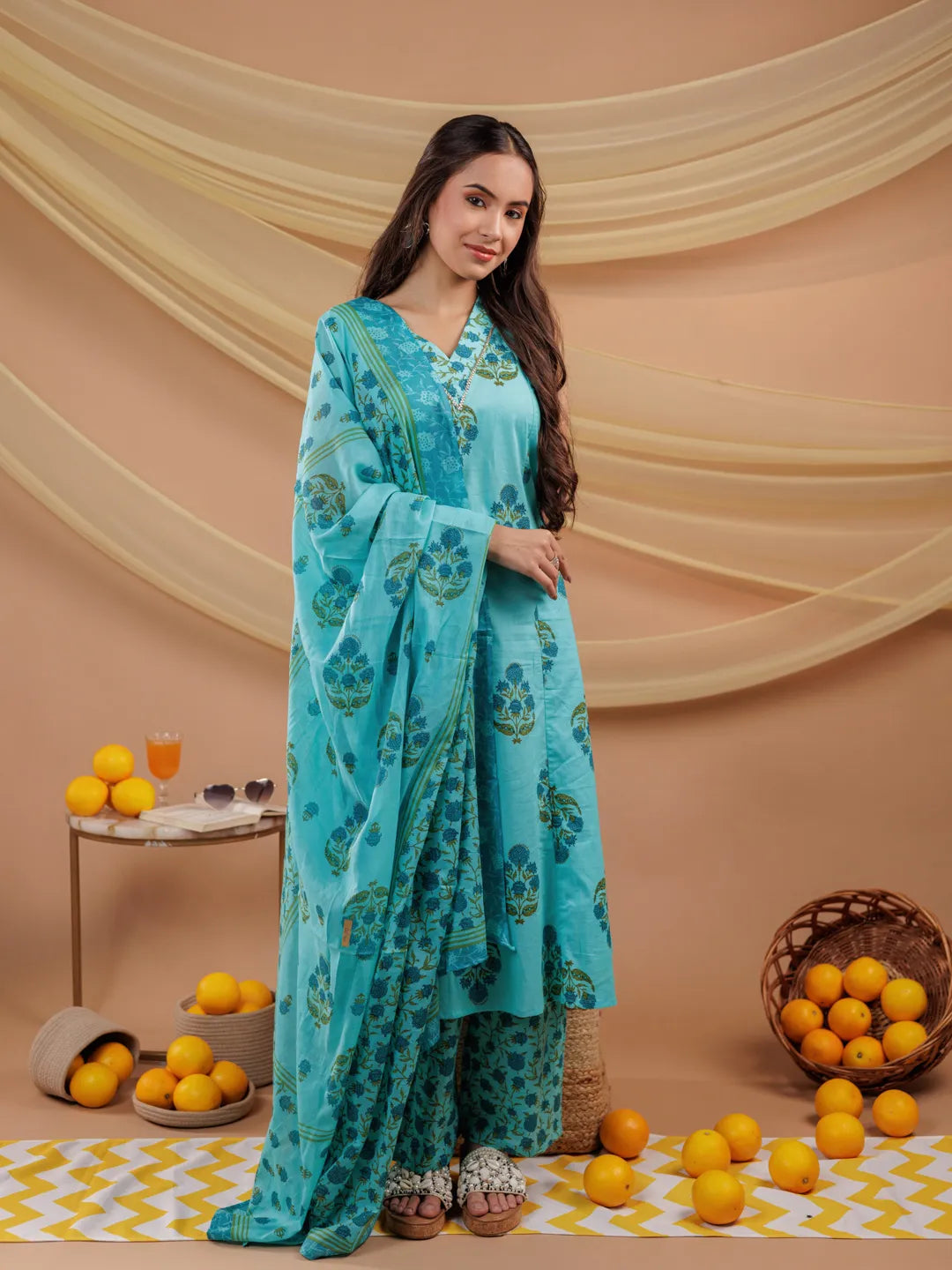 Blue Floral Print Pure Cotton A-Line Kurta Dupatta Set-Yufta Store-7065SKDBLS