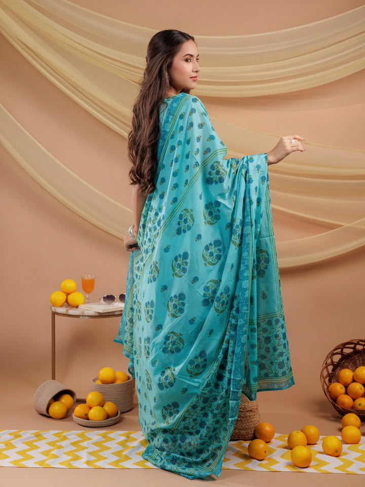 Blue Floral Print Pure Cotton A-Line Kurta Dupatta Set-Yufta Store-7065SKDBLS