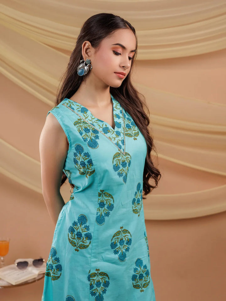 Blue Floral Print Pure Cotton A-Line Kurta Dupatta Set-Yufta Store-7065SKDBLS