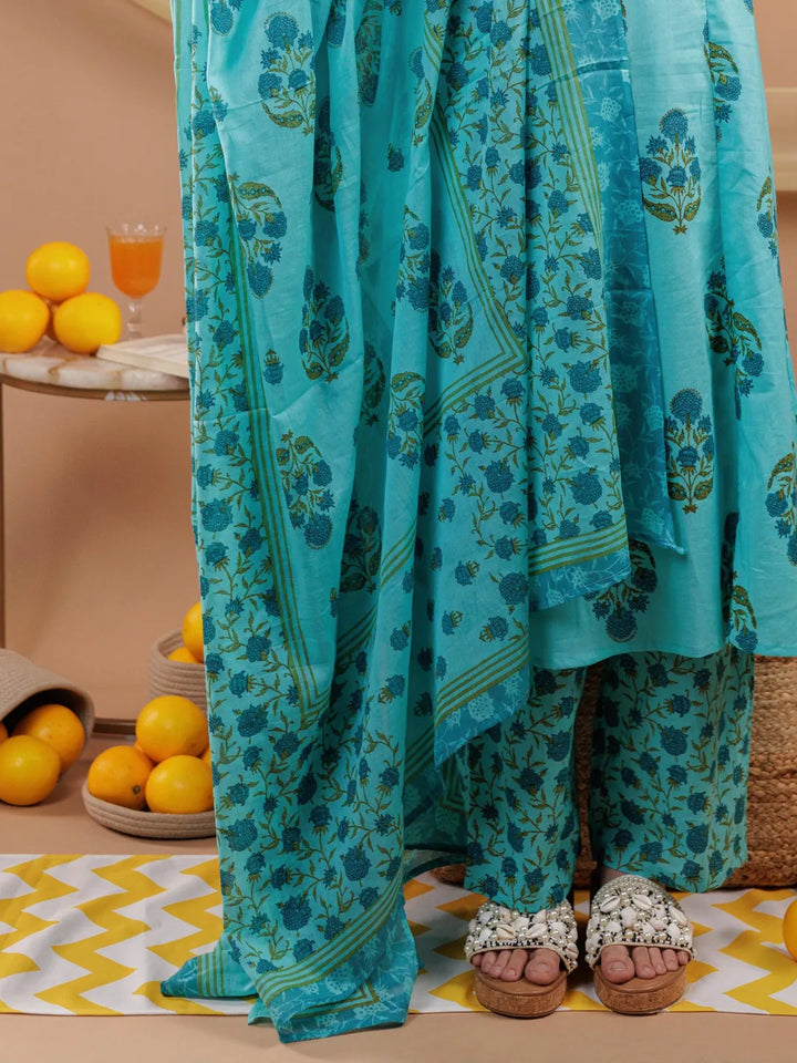 Blue Floral Print Pure Cotton A-Line Kurta Dupatta Set-Yufta Store-7065SKDBLS