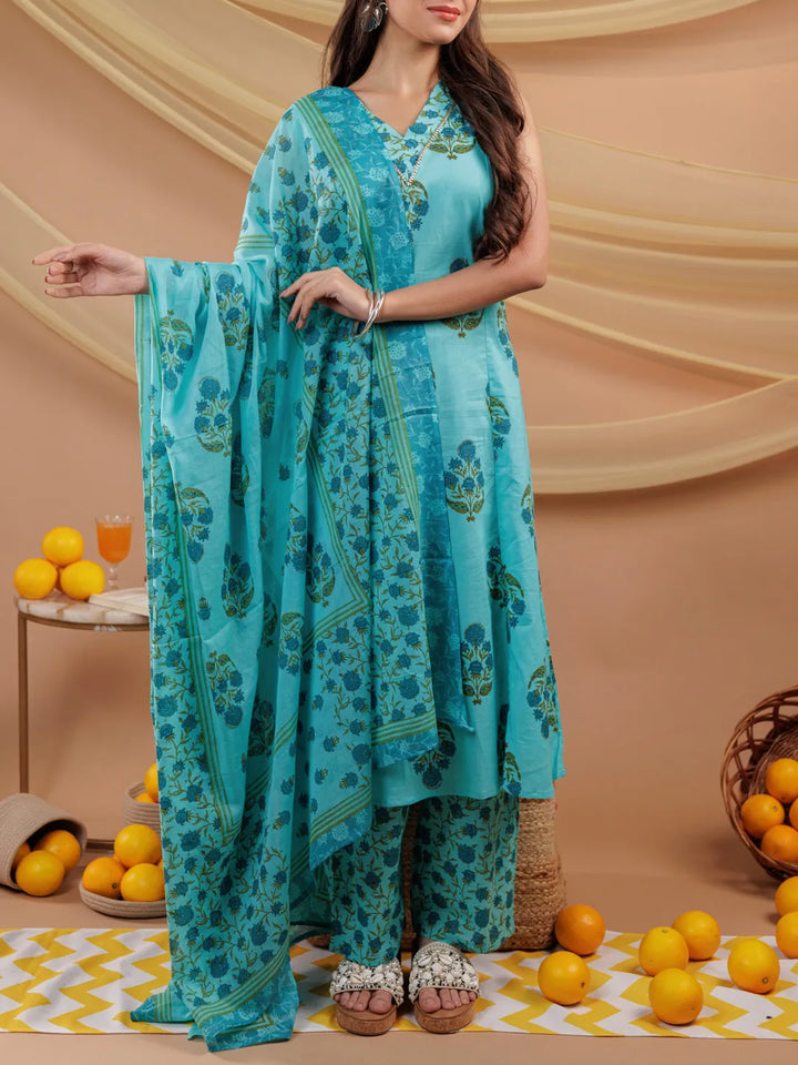 Blue Floral Print Pure Cotton A-Line Kurta Dupatta Set-Yufta Store-7065SKDBLS