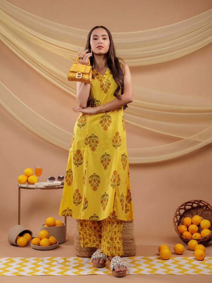 Mustard Floral_Print Pure Cotton A-Line Kurta Dupatta Set-Yufta Store-7065SKDMSS