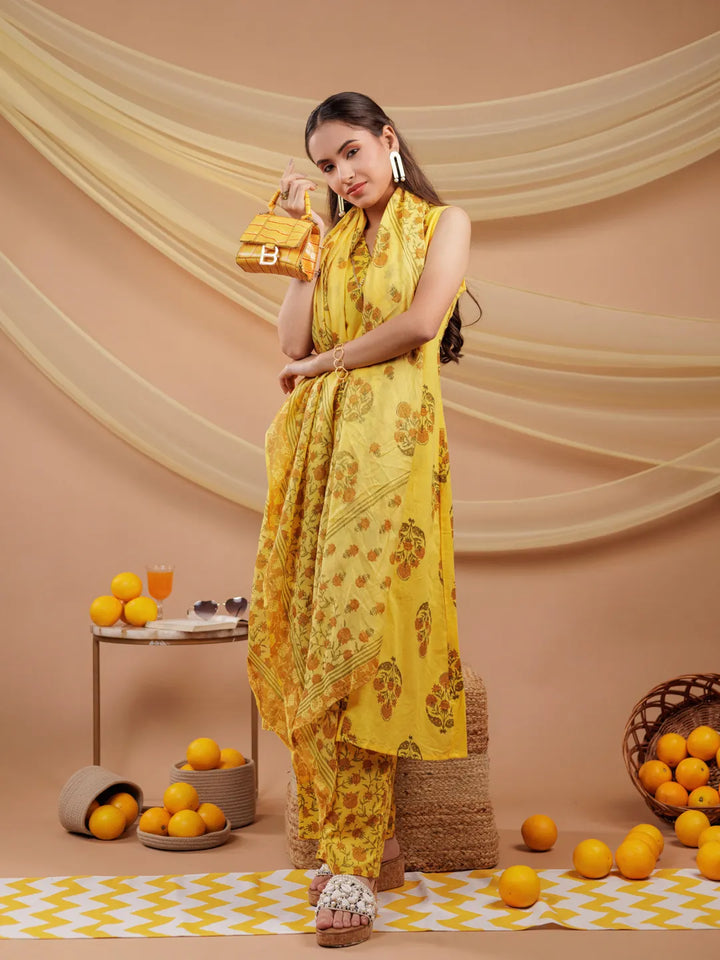 Mustard Floral_Print Pure Cotton A-Line Kurta Dupatta Set-Yufta Store-7065SKDMSS