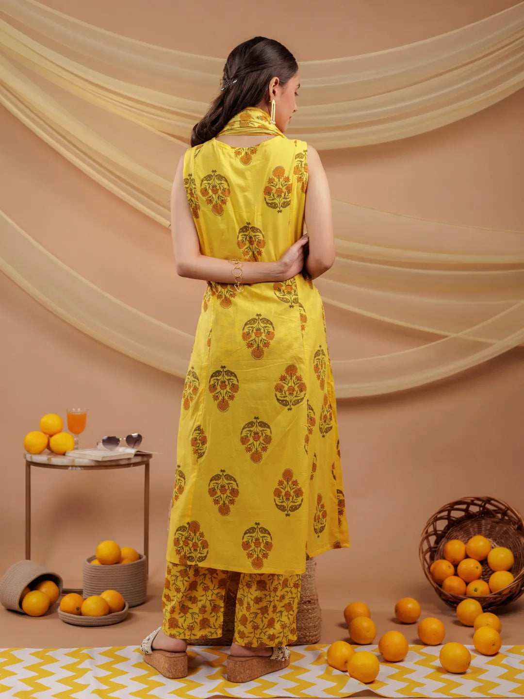 Mustard Floral_Print Pure Cotton A-Line Kurta Dupatta Set-Yufta Store-7065SKDMSS