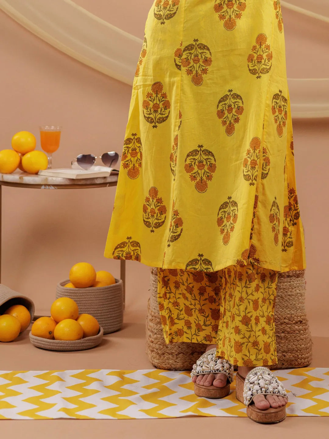 Mustard Floral_Print Pure Cotton A-Line Kurta Dupatta Set-Yufta Store-7065SKDMSS