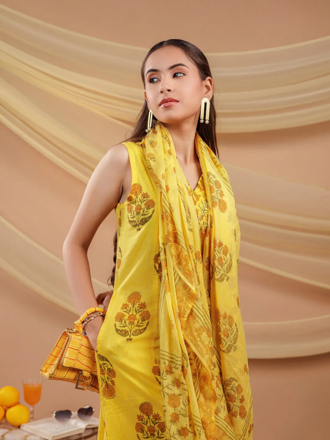 Mustard Floral_Print Pure Cotton A-Line Kurta Dupatta Set-Yufta Store-7065SKDMSS